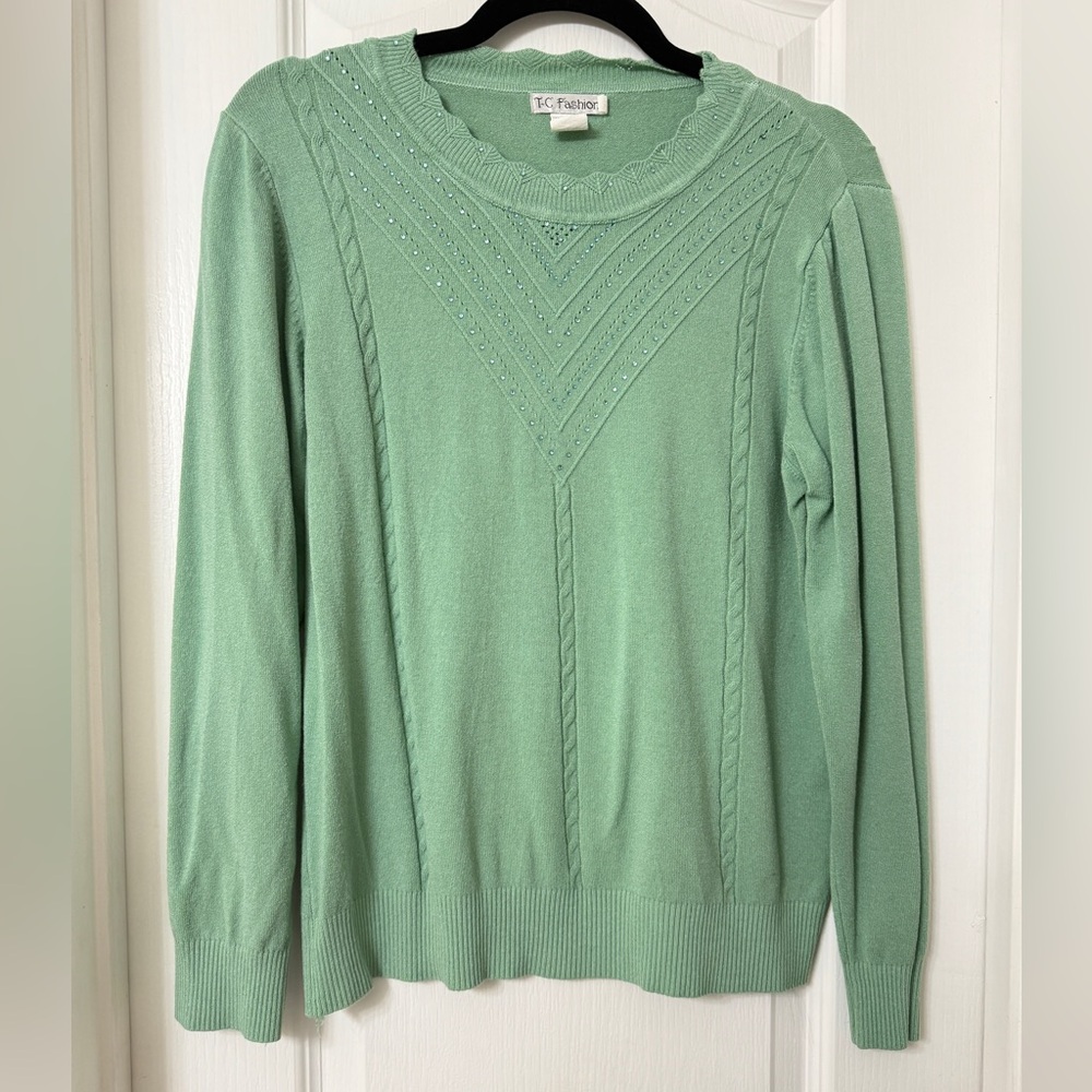TC Fashion light green sage sweater w/cable knit details and rhinestones Size XL